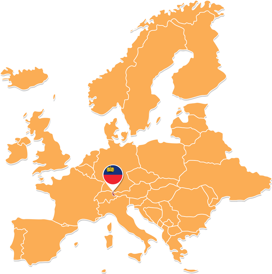 Liechtenstein map in Europe, Icons showing Liechtenstein location and flags.