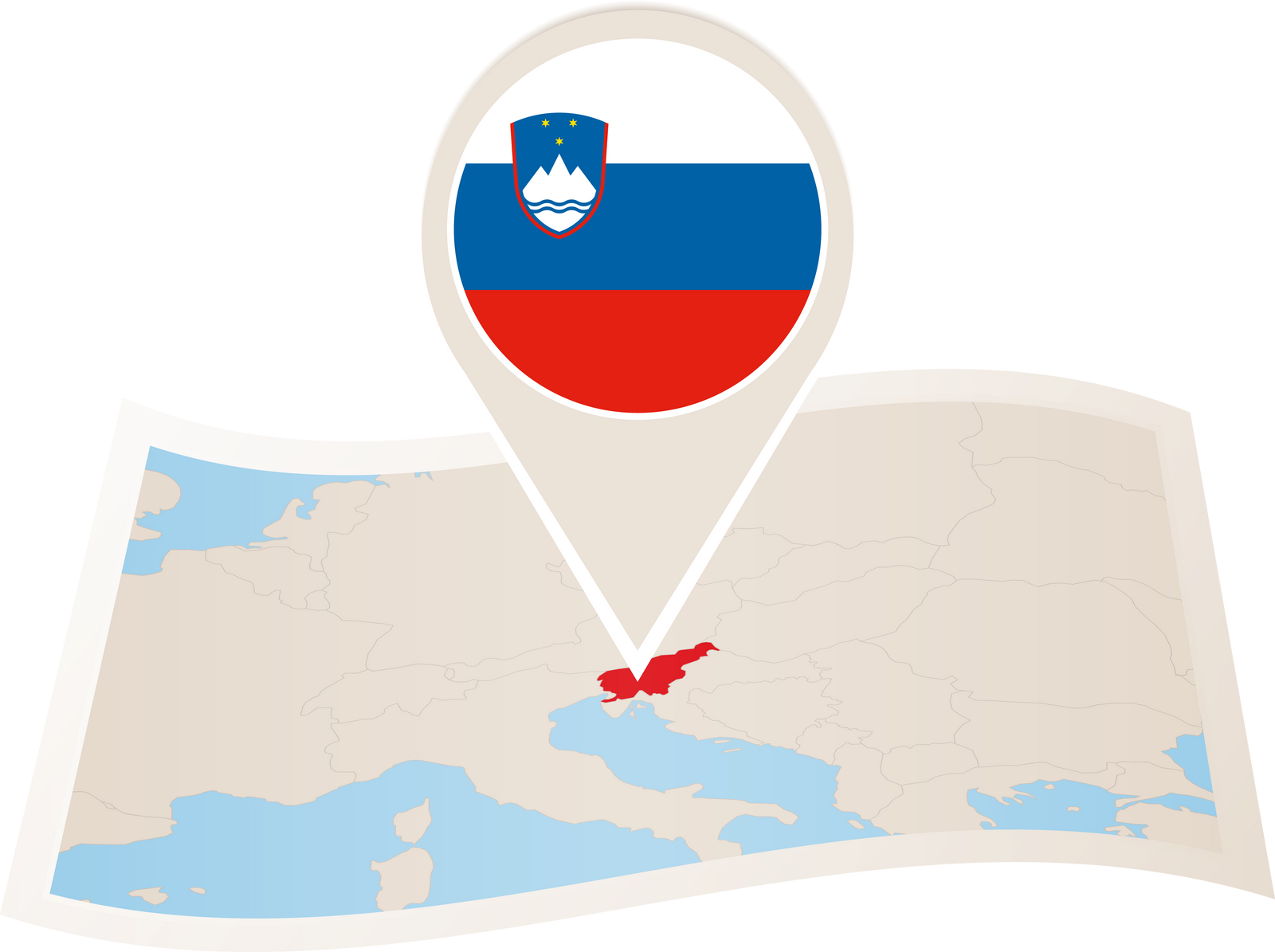 Folded paper map of Slovenia with flag pin of Slovenia.