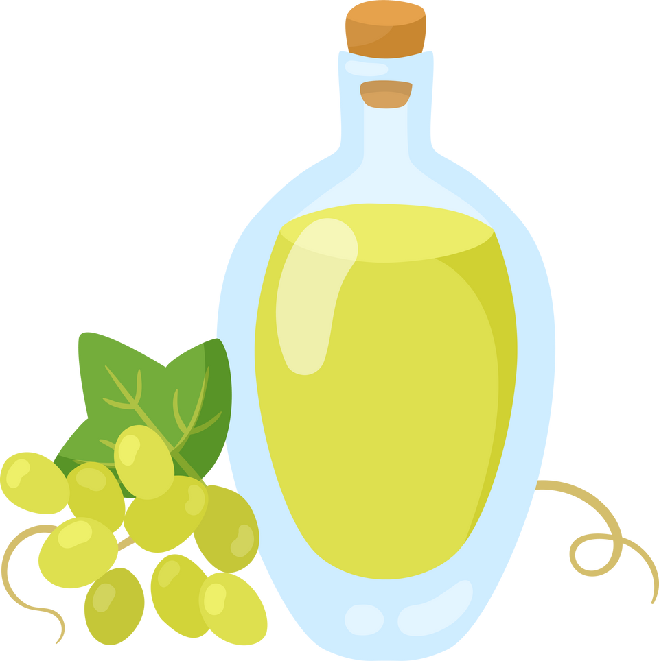 Glass jug with grape seed oil. Bottle of vegetable oils cartoon illustration isolated on white background