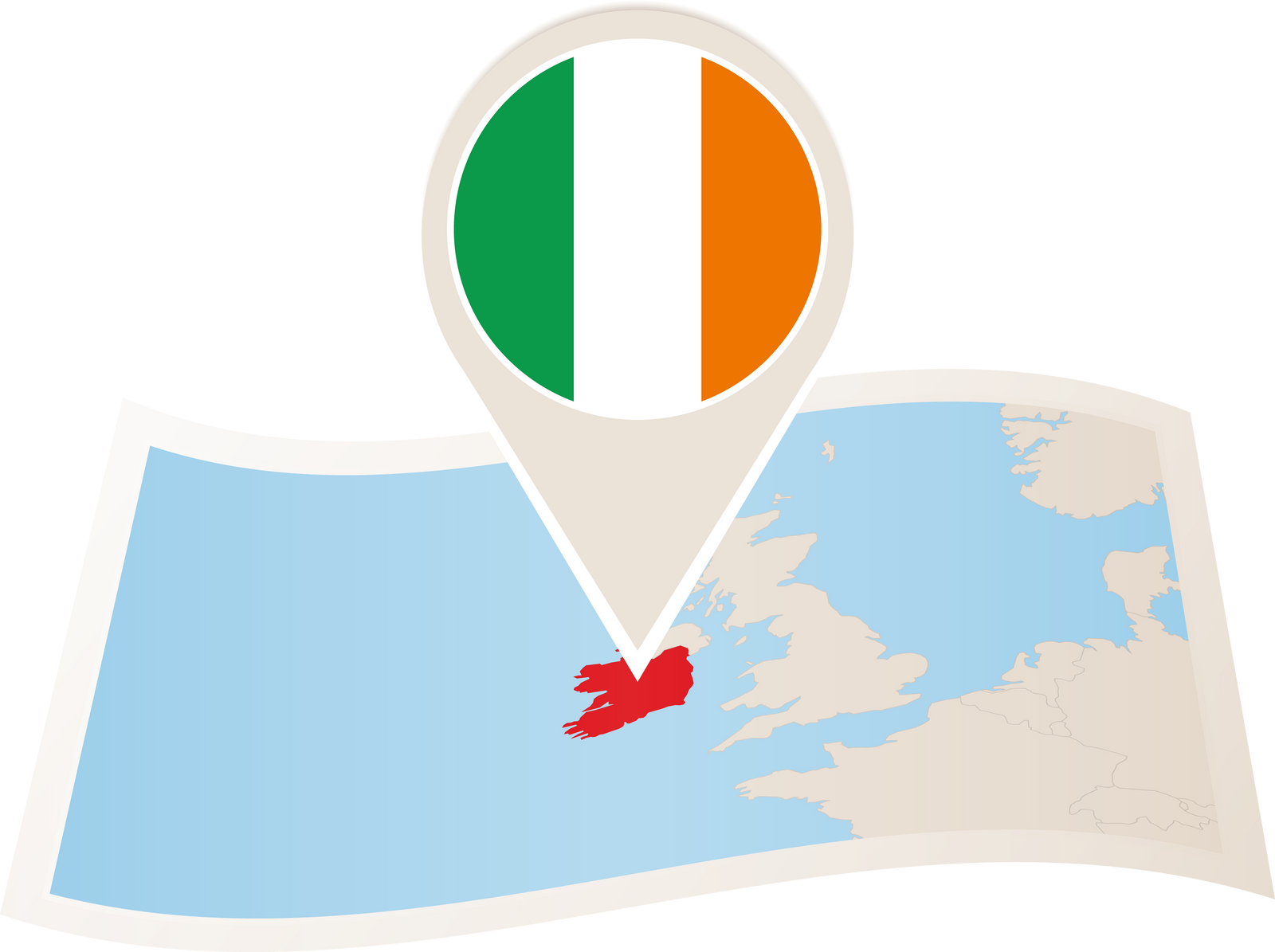 Folded paper map of Ireland with flag pin of Ireland.