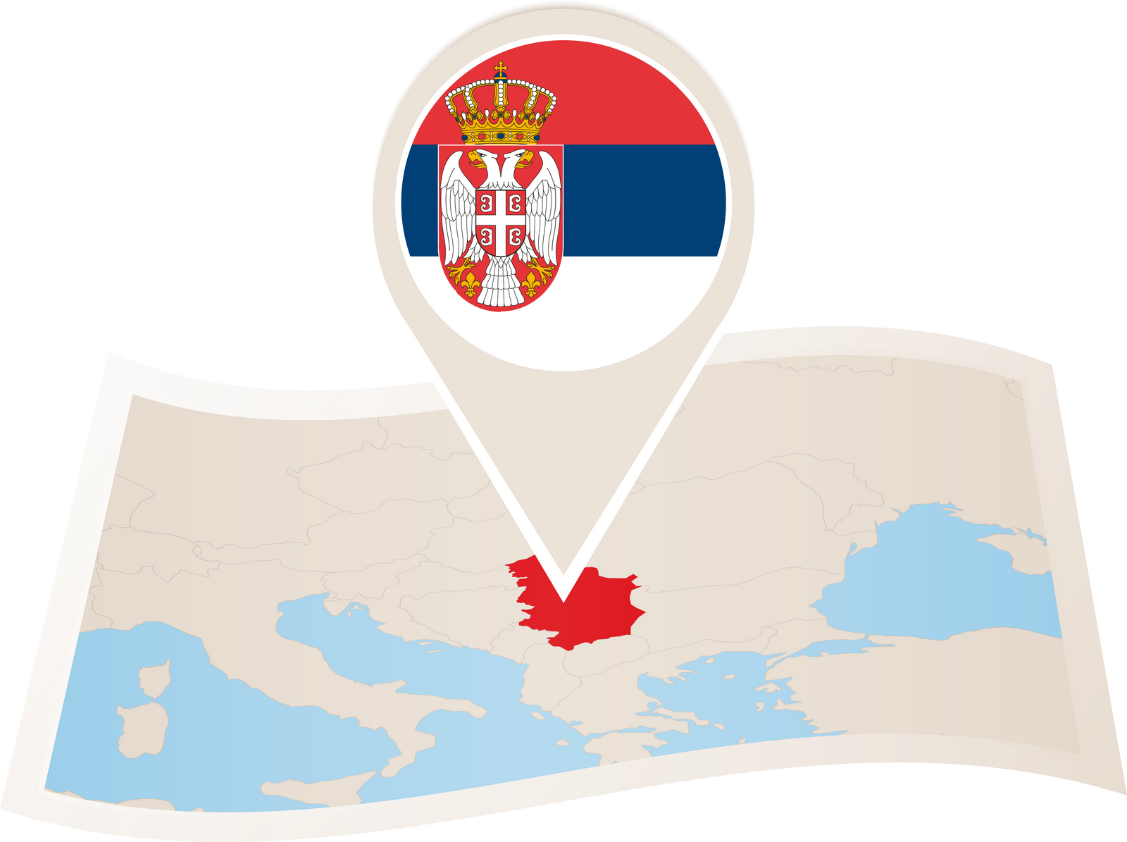 Folded paper map of Serbia with flag pin of Serbia.