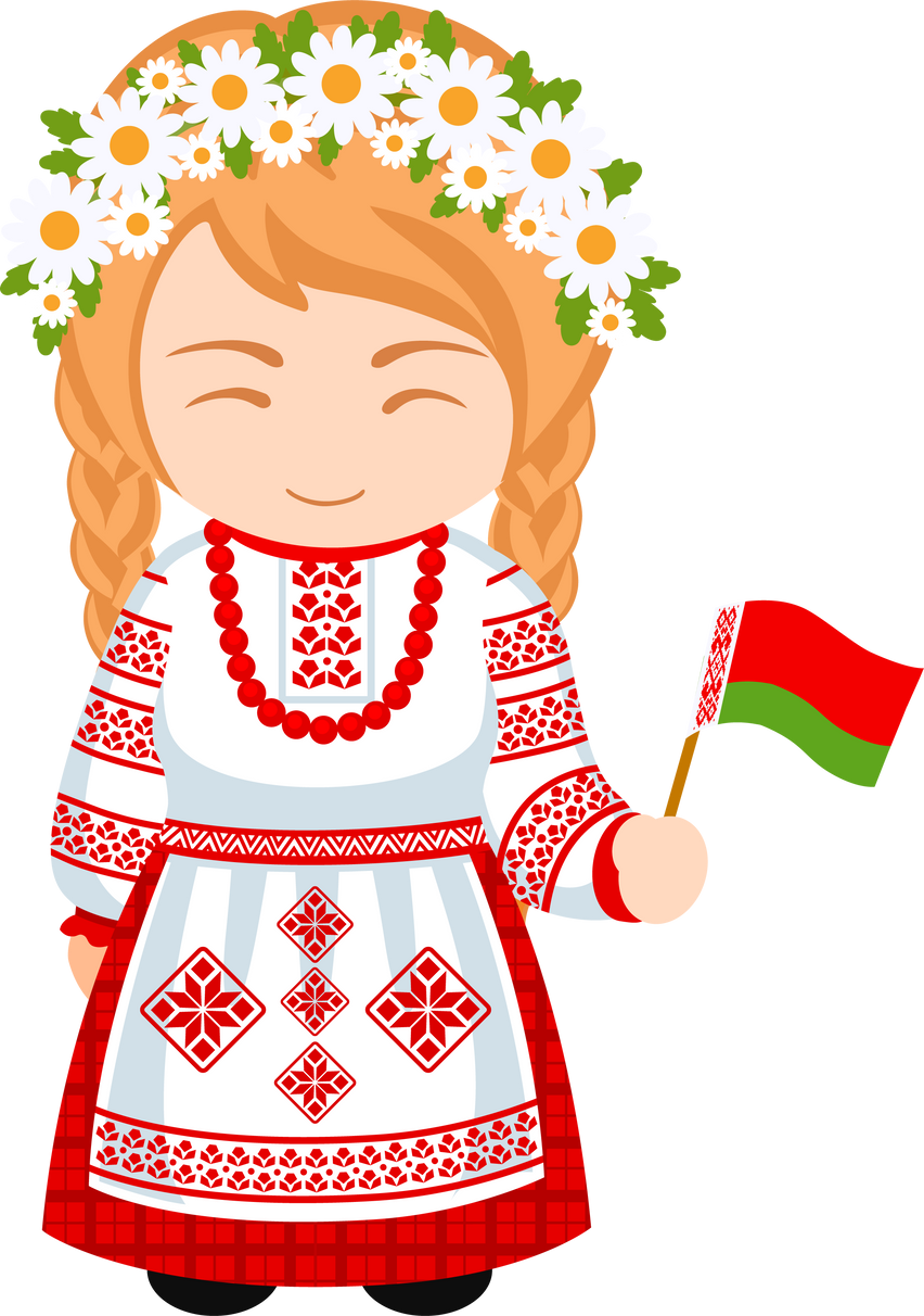 Woman in Belarus ethnic dress with national flag.