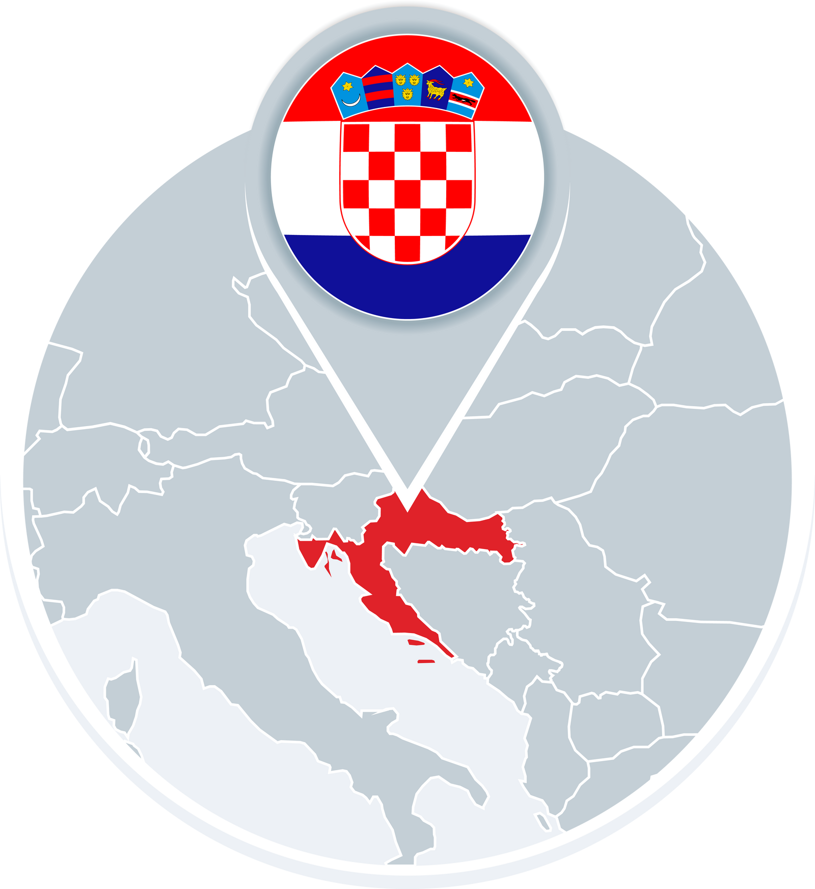 Croatia map and flag, map icon with highlighted Croatia