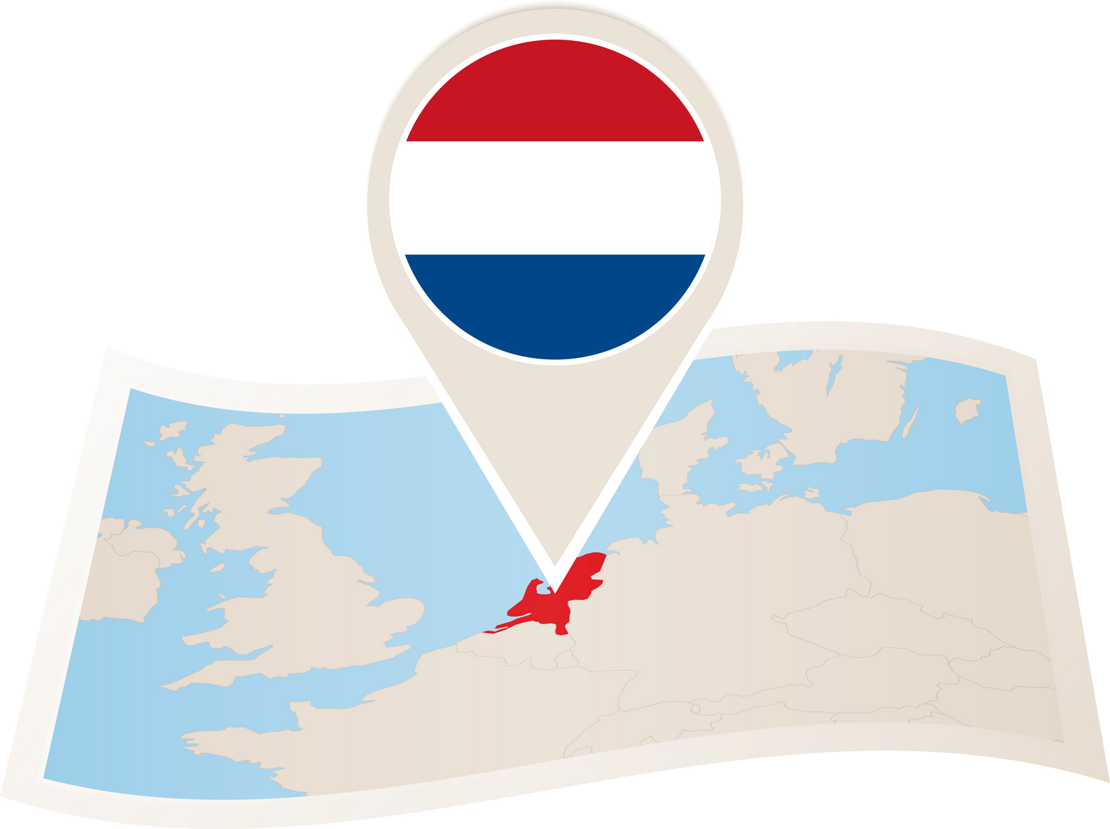 Folded paper map of Netherlands with flag pin of Netherlands.