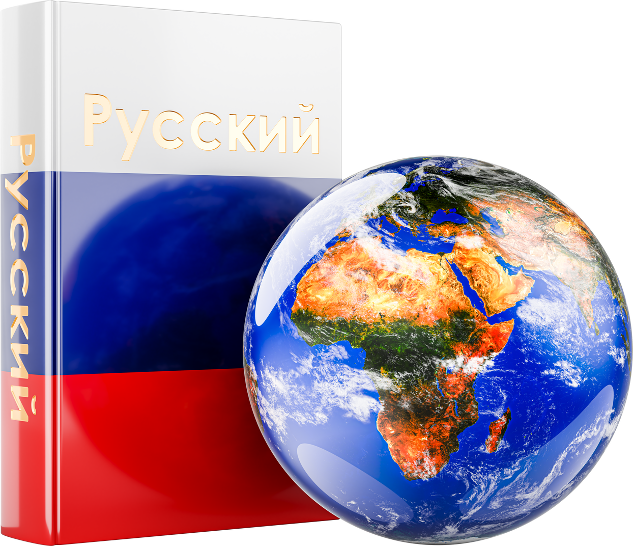 Russian language textbook with Earth Globe. International lessons and courses of Russian language, 3D rendering isolated on transparent background