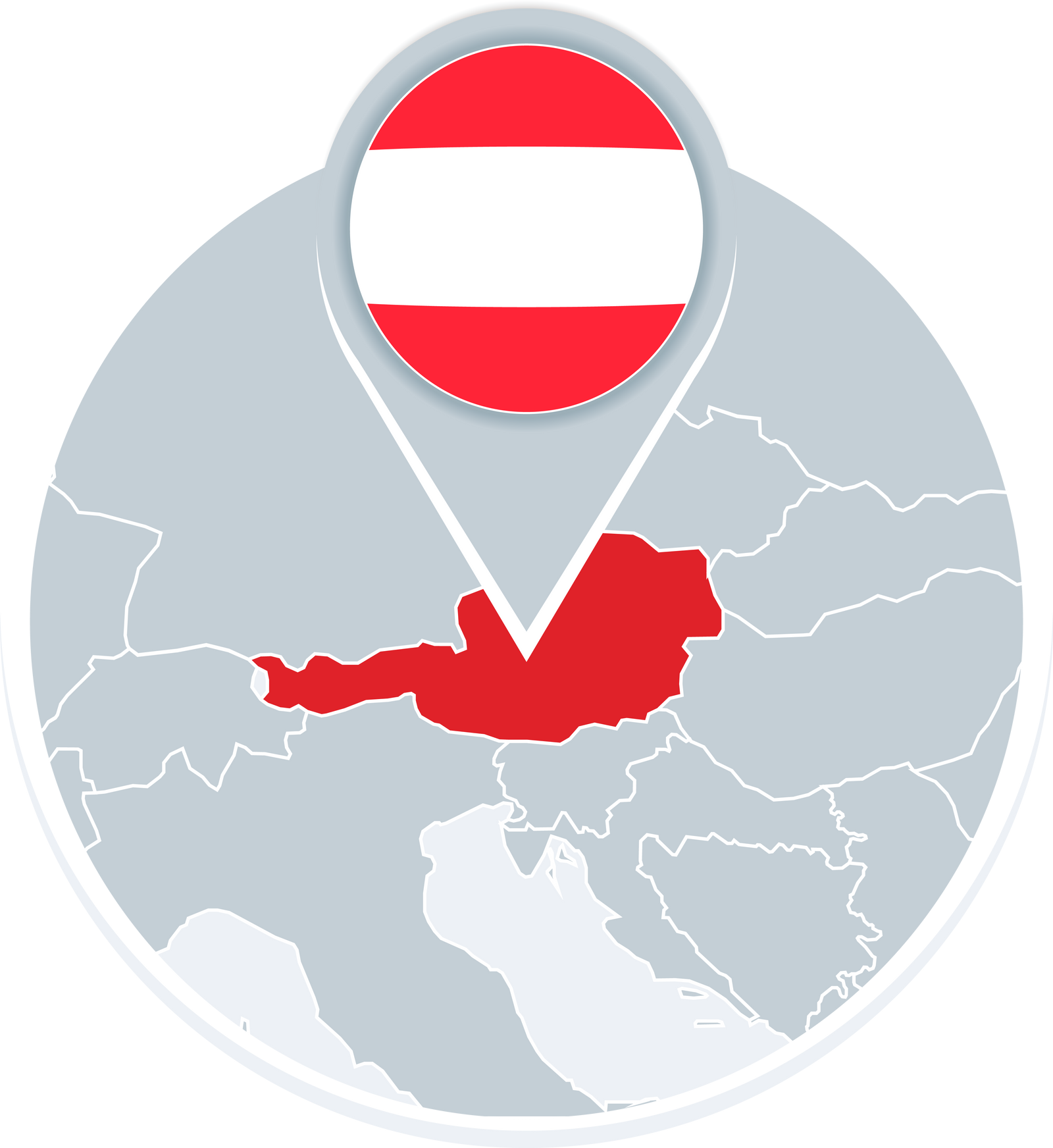 Austria map and flag, map icon with highlighted Austria