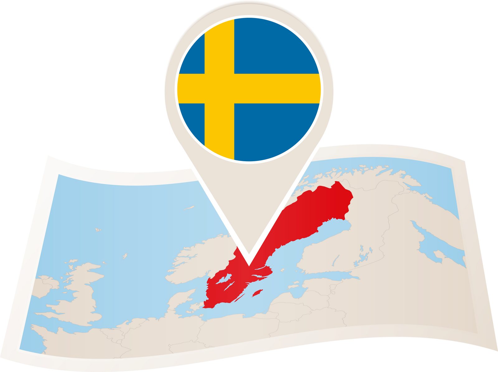 Folded paper map of Sweden with flag pin of Sweden.