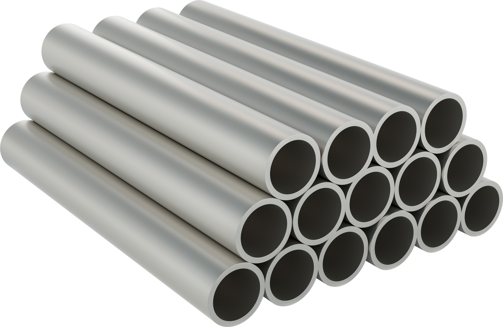 Steel pipes, stack of stainless, steel round pipes. 3D rendering isolated on transparent background