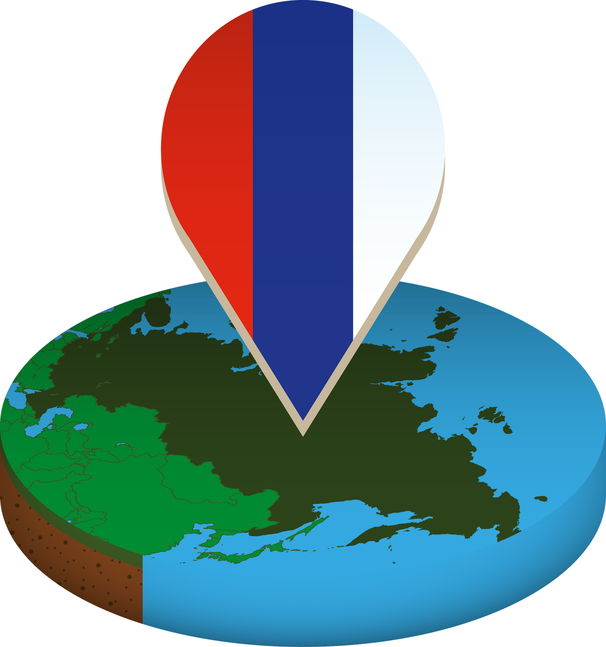 Isometric round map of Russia with flag.