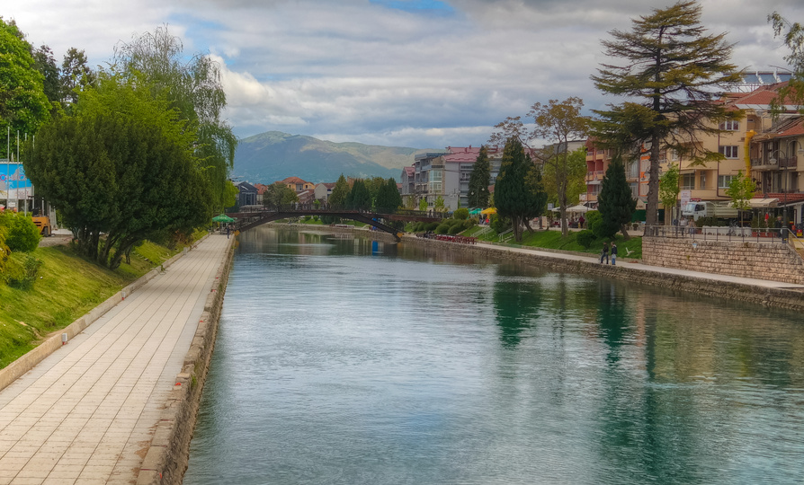 View to Black Drin aka crn drin river in Struga, Ohrid, North Macedonia